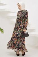 Tesettür giyim SİYAH YAPRAK DESENLİ YAKASI BAĞLAMALI ELBİSE T 3332