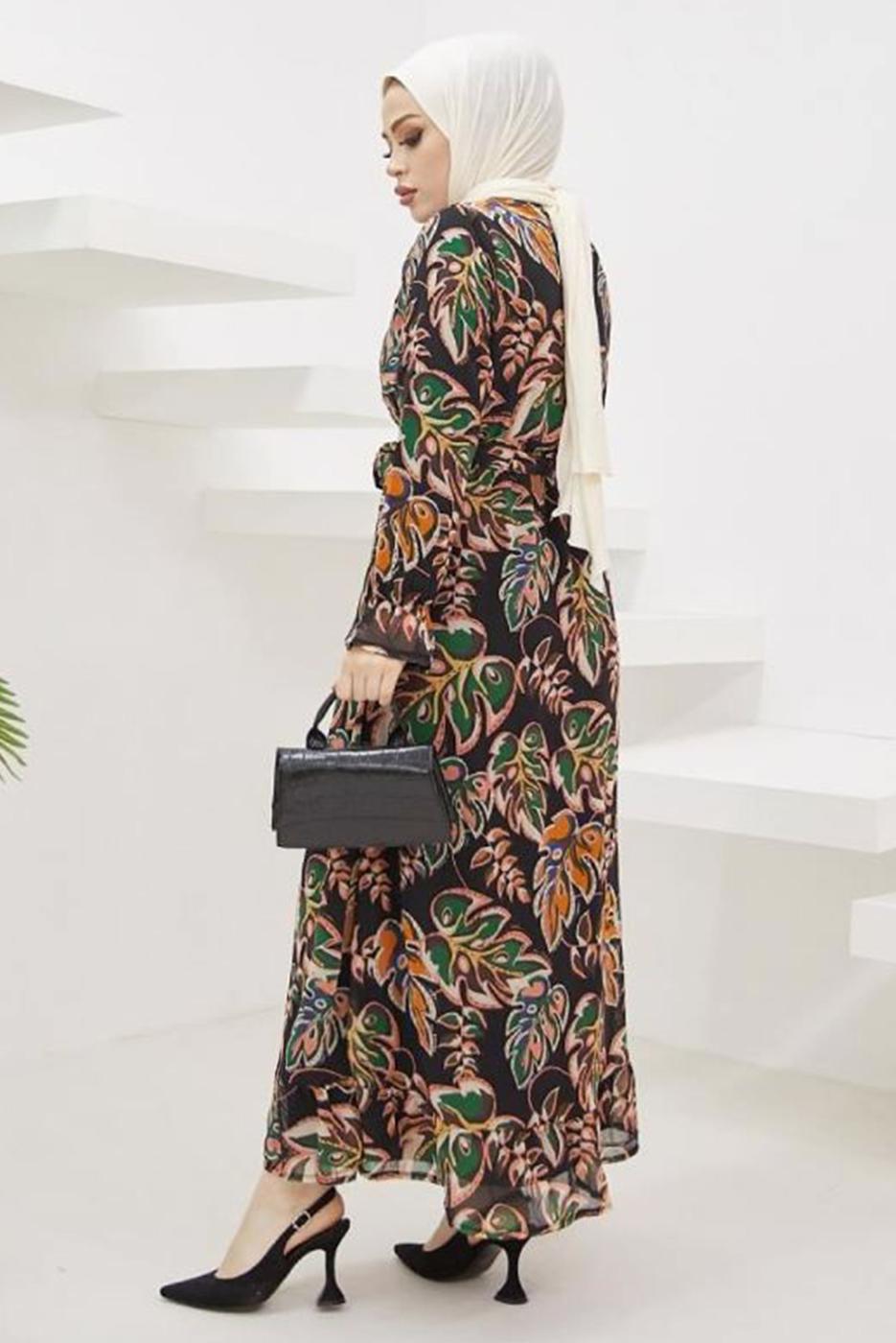 Tesettür giyim SİYAH YAPRAK DESENLİ YAKASI BAĞLAMALI ELBİSE T 3332