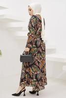 Tesettür giyim SİYAH YAPRAK DESENLİ YAKASI BAĞLAMALI ELBİSE T 3332