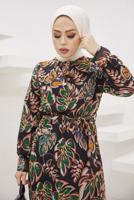 Tesettür giyim SİYAH YAPRAK DESENLİ YAKASI BAĞLAMALI ELBİSE T 3332