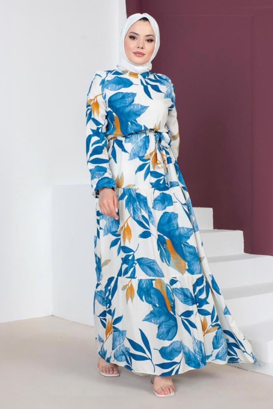 Tesettür giyim MAVİ DESENLİ MANŞETLERİ LASTİKLİ ELBİSE T 3618 