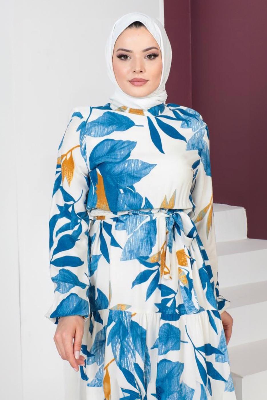 Tesettür giyim MAVİ DESENLİ MANŞETLERİ LASTİKLİ ELBİSE T 3618 