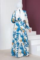 Tesettür giyim MAVİ DESENLİ MANŞETLERİ LASTİKLİ ELBİSE T 3618 