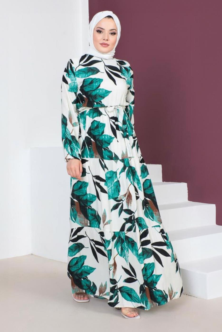 Tesettür giyim YEŞİL DESENLİ MANŞETLERİ LASTİKLİ ELBİSE T 3618 