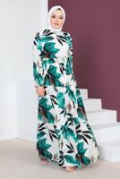 Tesettür giyim YEŞİL DESENLİ MANŞETLERİ LASTİKLİ ELBİSE T 3618 