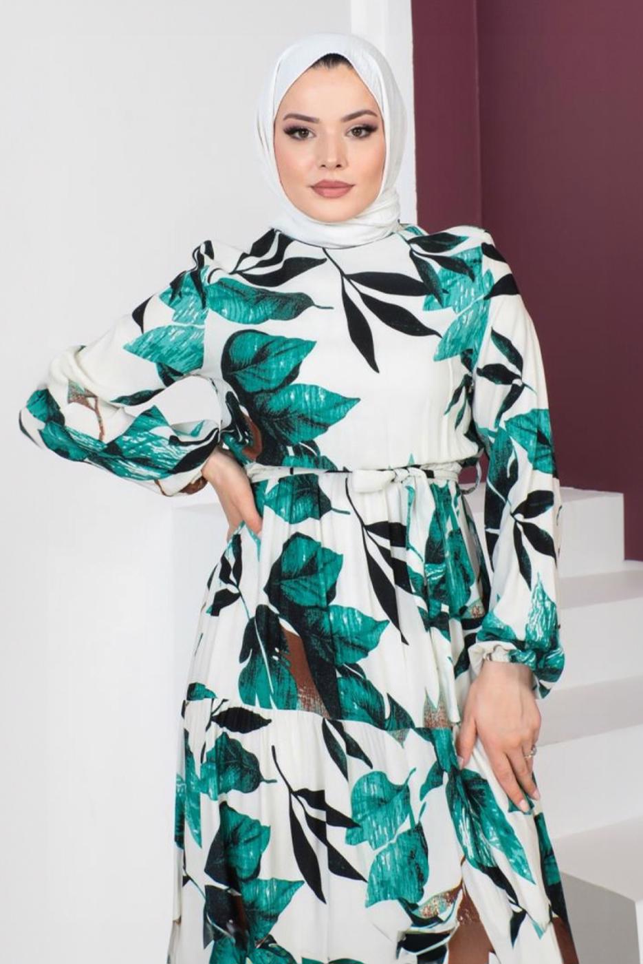 Tesettür giyim YEŞİL DESENLİ MANŞETLERİ LASTİKLİ ELBİSE T 3618 
