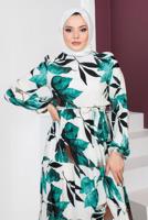 Tesettür giyim YEŞİL DESENLİ MANŞETLERİ LASTİKLİ ELBİSE T 3618 