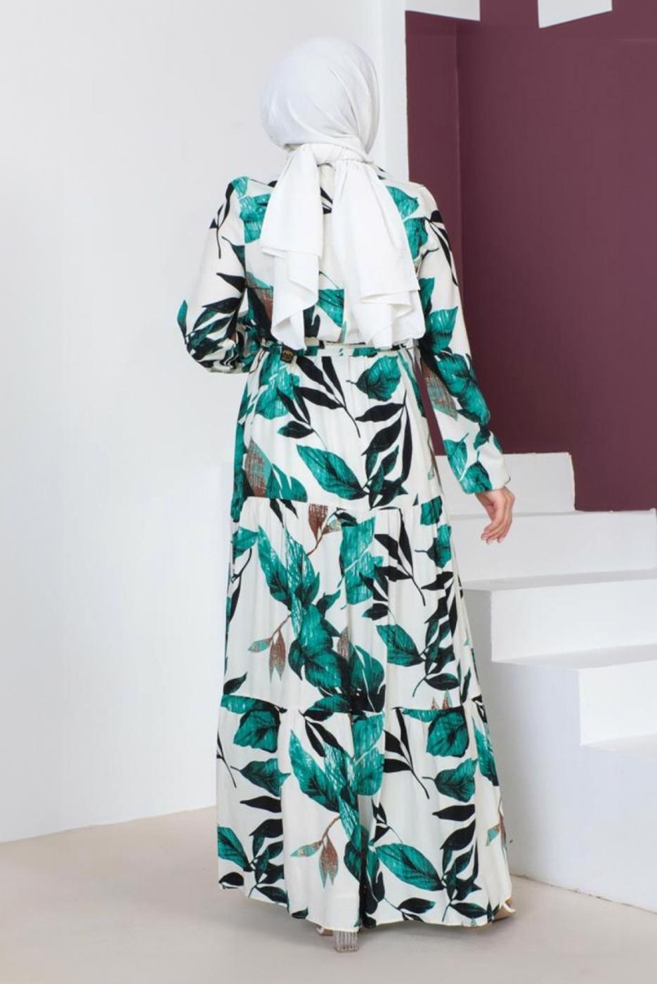 Tesettür giyim YEŞİL DESENLİ MANŞETLERİ LASTİKLİ ELBİSE T 3618 