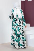 Tesettür giyim YEŞİL DESENLİ MANŞETLERİ LASTİKLİ ELBİSE T 3618 