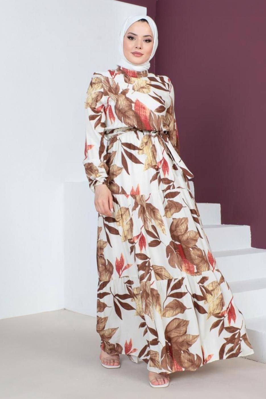 Vêtements hijab BRUN ROBE À MOTIFS AVEC POIGNETS ÉLASTIQUES T 3618