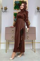 Tesettür giyim KAHVE KEMERLİ PÜSKÜLLÜ SATEN ABİYE ELBİSE T 3673