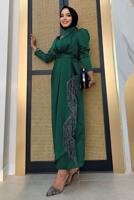 Tesettür giyim YEŞİL KEMERLİ PÜSKÜLLÜ SATEN ABİYE ELBİSE T 3673