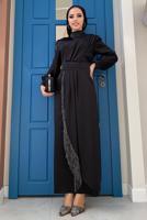 Tesettür giyim SİYAH PÜSKÜL DETAYLI SATEN ABİYE ELBİSE T 3689