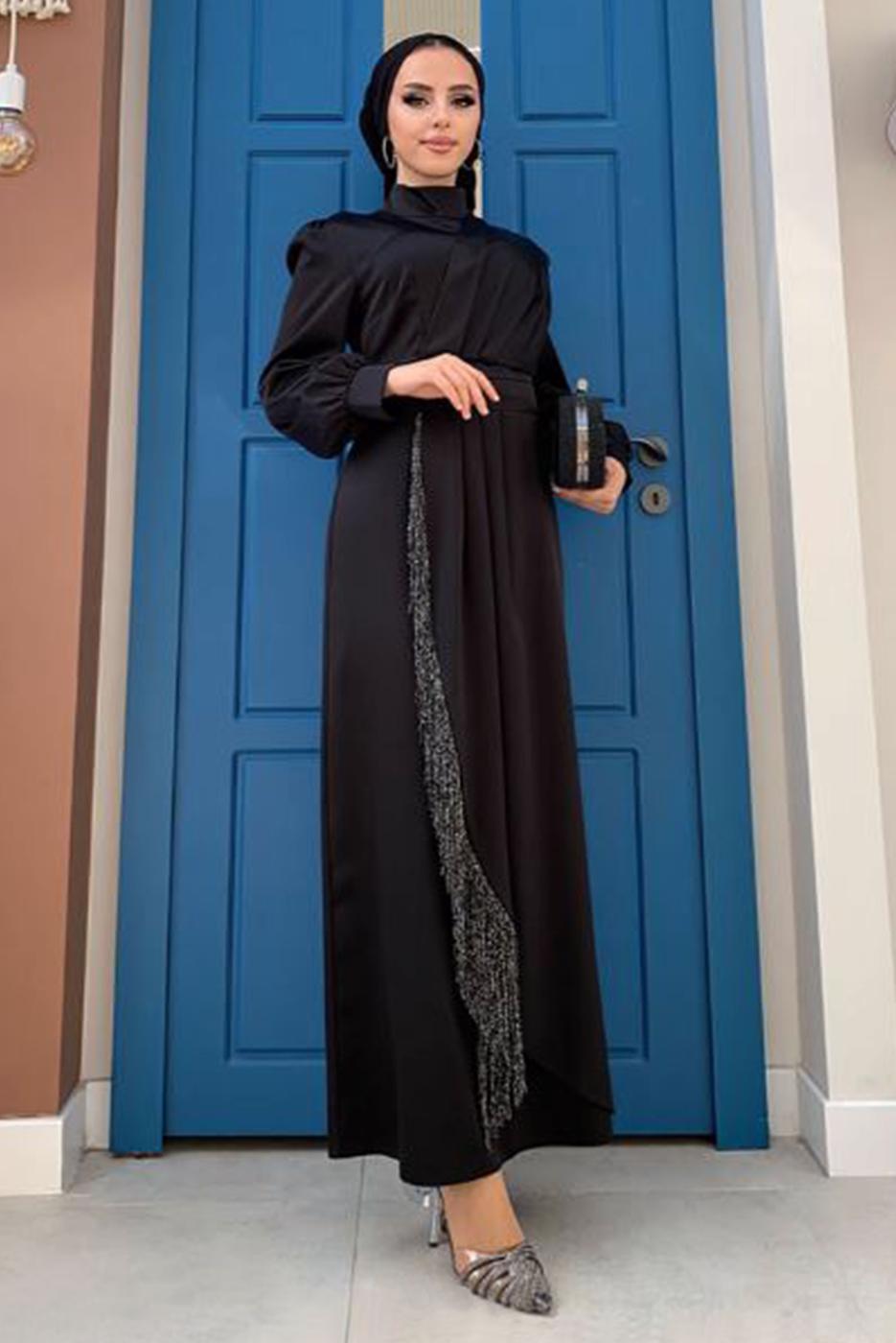 Tesettür giyim SİYAH PÜSKÜL DETAYLI SATEN ABİYE ELBİSE T 3689