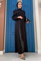 Tesettür giyim SİYAH PÜSKÜL DETAYLI SATEN ABİYE ELBİSE T 3689