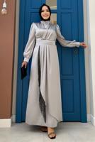 Tesettür giyim GRİ PÜSKÜL DETAYLI SATEN ABİYE ELBİSE T 3689