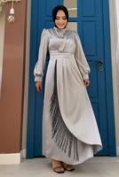 Tesettür giyim GRİ PÜSKÜL DETAYLI SATEN ABİYE ELBİSE T 3689