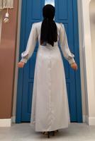 Tesettür giyim GRİ PÜSKÜL DETAYLI SATEN ABİYE ELBİSE T 3689