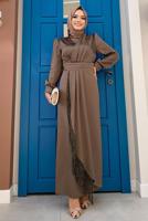 Tesettür giyim KAHVE PÜSKÜL DETAYLI SATEN ABİYE ELBİSE T 3689