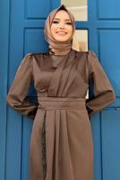 Tesettür giyim KAHVE PÜSKÜL DETAYLI SATEN ABİYE ELBİSE T 3689