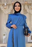 Tesettür giyim LACİVERT PÜSKÜL DETAYLI SATEN ABİYE ELBİSE T 3689