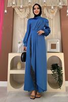 Tesettür giyim LACİVERT PÜSKÜL DETAYLI SATEN ABİYE ELBİSE T 3689