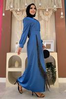 Tesettür giyim LACİVERT PÜSKÜL DETAYLI SATEN ABİYE ELBİSE T 3689