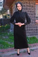 Tesettür giyim SİYAH İNCİ DETAYLI KUŞAKLI ELBİSE T 4010