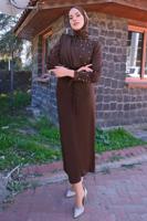 Tesettür giyim KAHVE İNCİ DETAYLI KUŞAKLI ELBİSE T 4010