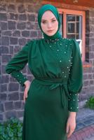 Tesettür giyim YEŞİL İNCİ DETAYLI KUŞAKLI ELBİSE T 4010