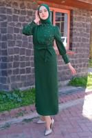 Tesettür giyim YEŞİL İNCİ DETAYLI KUŞAKLI ELBİSE T 4010