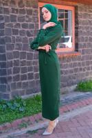 Tesettür giyim YEŞİL İNCİ DETAYLI KUŞAKLI ELBİSE T 4010