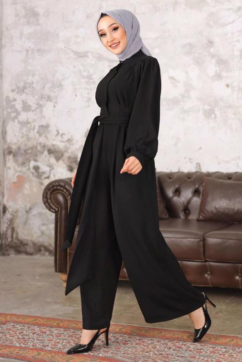 Tesettür giyim SİYAH KUŞAKLI GENİŞ PAÇA TULUM T 40201