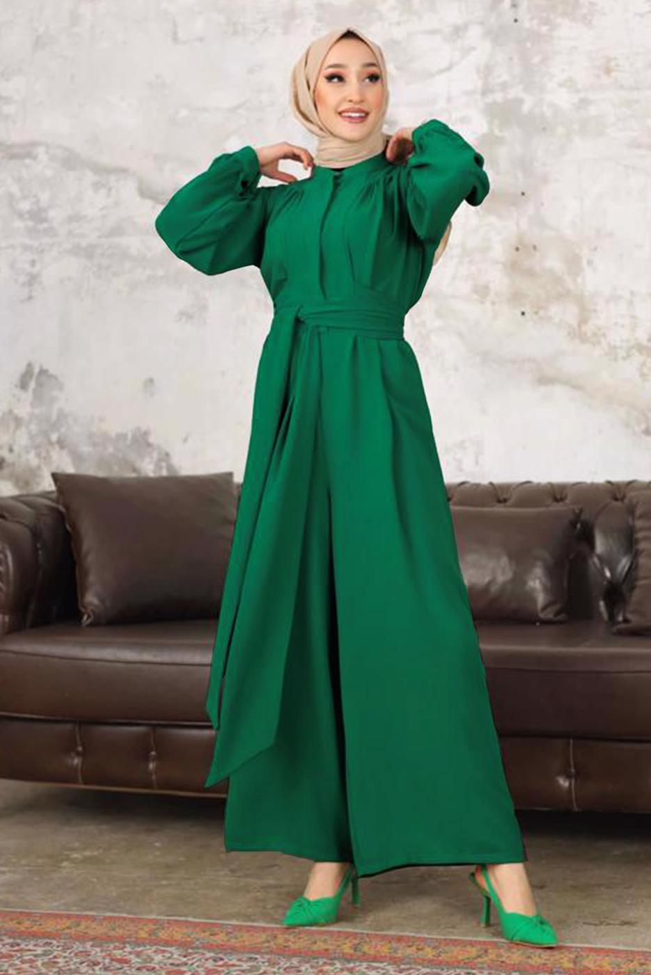 Hijab clothing GREEN BELTED WIDE LEG OVERALLS T 40201