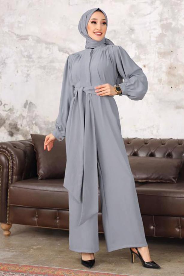 Tesettür giyim  KUŞAKLI GENİŞ PAÇA TULUM T 40201