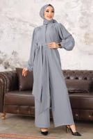Tesettür giyim GRİ KUŞAKLI GENİŞ PAÇA TULUM T 40201