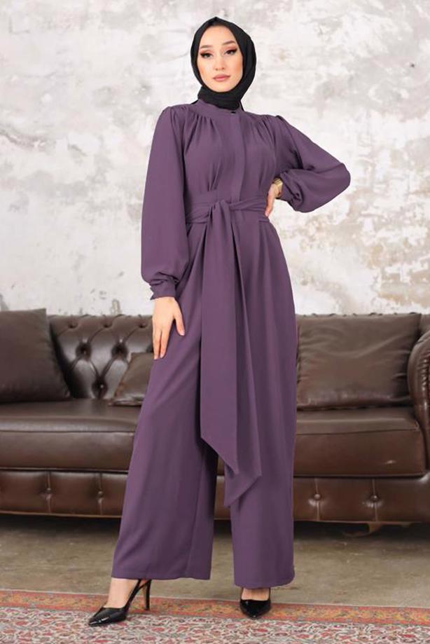 Tesettür giyim  KUŞAKLI GENİŞ PAÇA TULUM T 40201