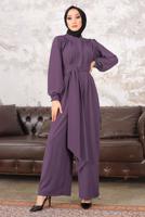 Tesettür giyim MOR KUŞAKLI GENİŞ PAÇA TULUM T 40201