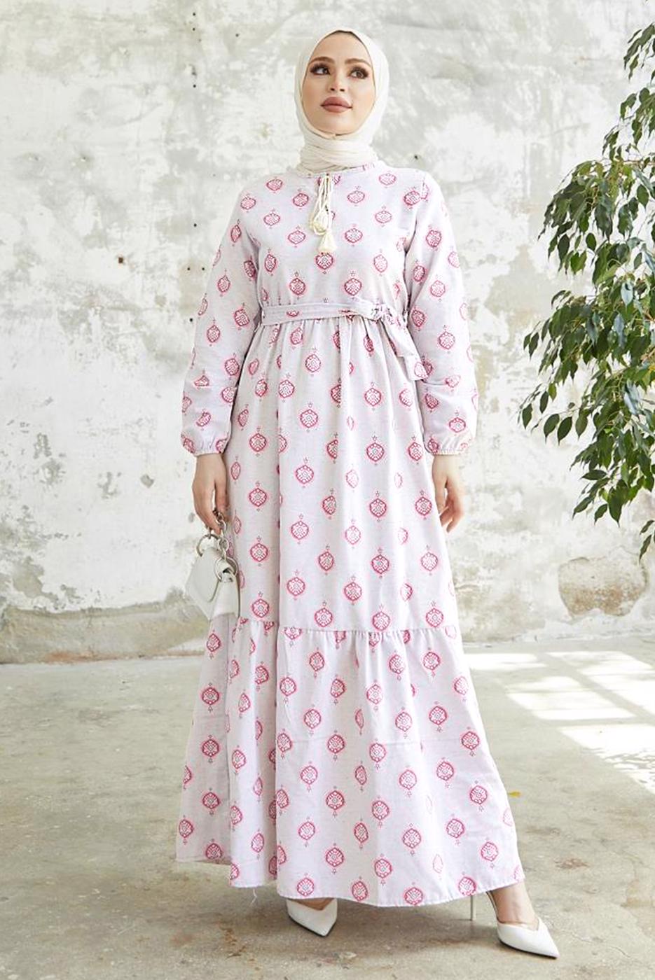 Tesettür giyim FUŞYA DESENLİ YAKASI BAĞLAMALI KETEN ELBİSE T 4022