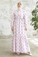 Tesettür giyim FUŞYA DESENLİ YAKASI BAĞLAMALI KETEN ELBİSE T 4022