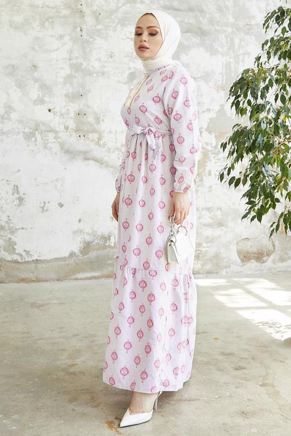 Tesettür giyim FUŞYA DESENLİ YAKASI BAĞLAMALI KETEN ELBİSE T 4022