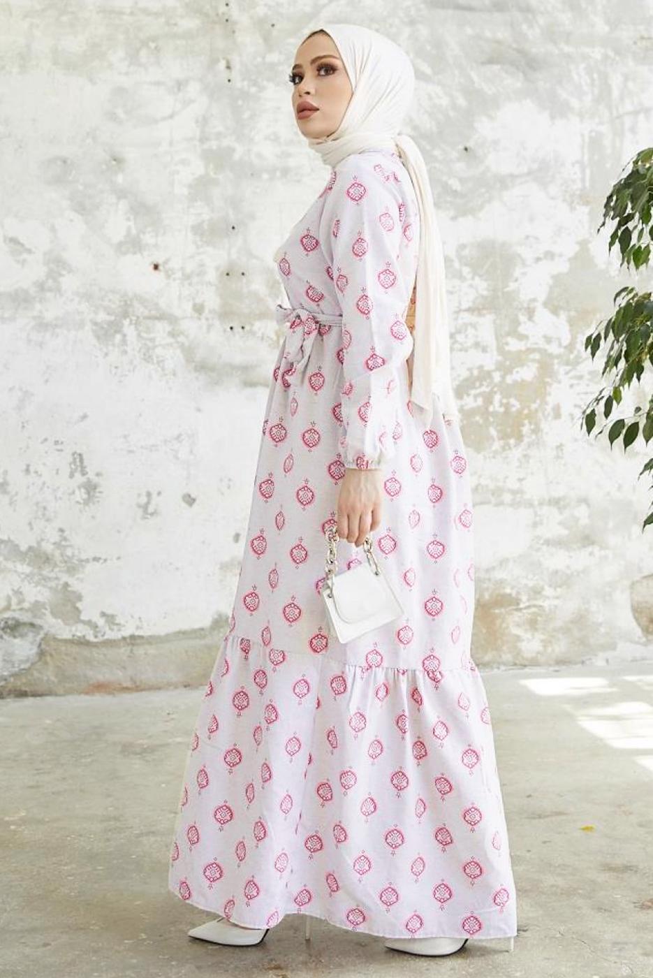 Tesettür giyim FUŞYA DESENLİ YAKASI BAĞLAMALI KETEN ELBİSE T 4022