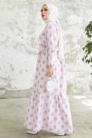 Tesettür giyim FUŞYA DESENLİ YAKASI BAĞLAMALI KETEN ELBİSE T 4022