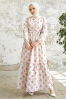 Tesettür giyim TURUNCU DESENLİ YAKASI BAĞLAMALI KETEN ELBİSE T 4022