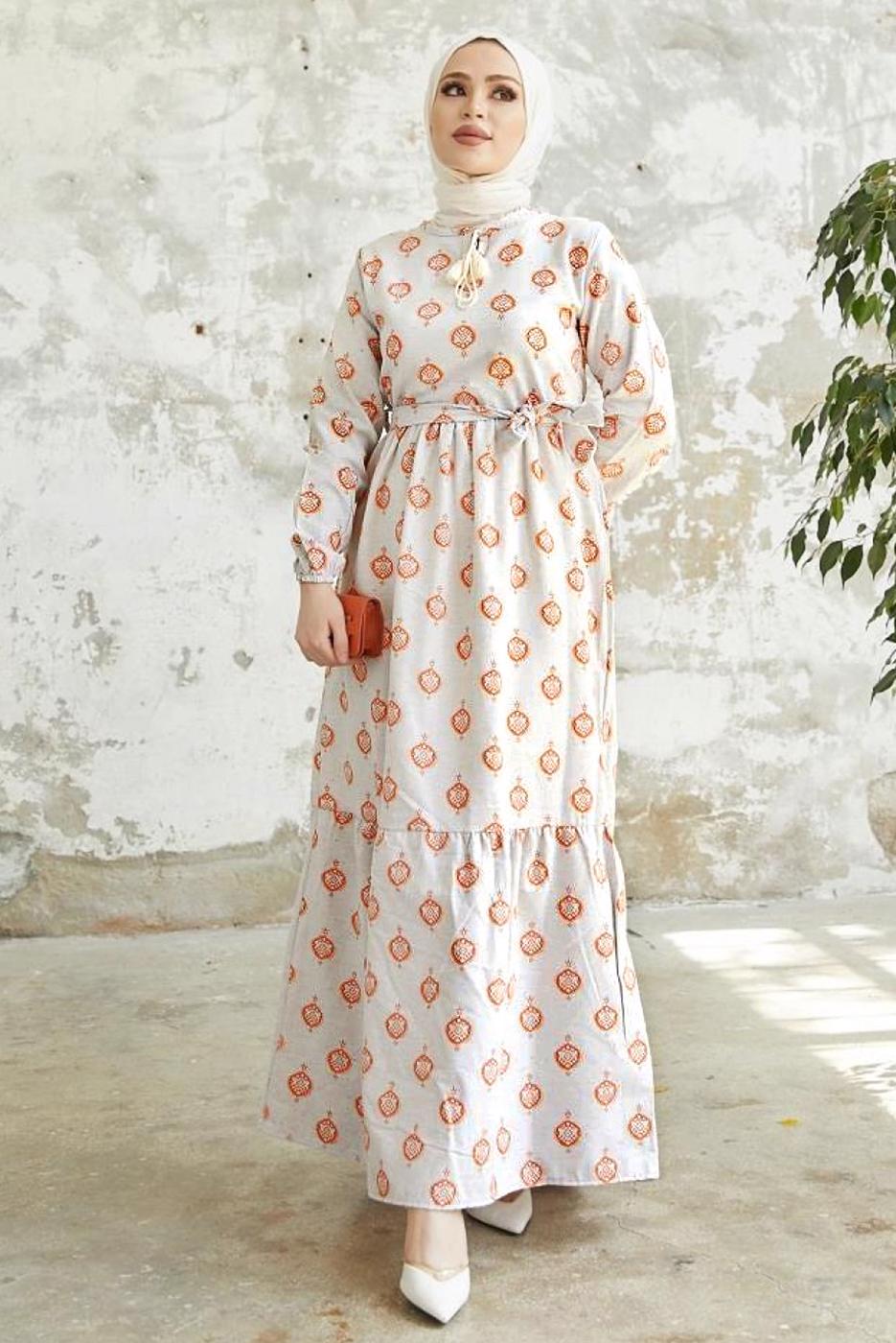 Tesettür giyim TURUNCU DESENLİ YAKASI BAĞLAMALI KETEN ELBİSE T 4022