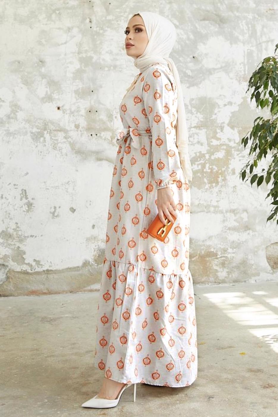 Tesettür giyim TURUNCU DESENLİ YAKASI BAĞLAMALI KETEN ELBİSE T 4022