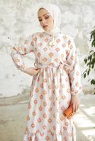 Tesettür giyim TURUNCU DESENLİ YAKASI BAĞLAMALI KETEN ELBİSE T 4022