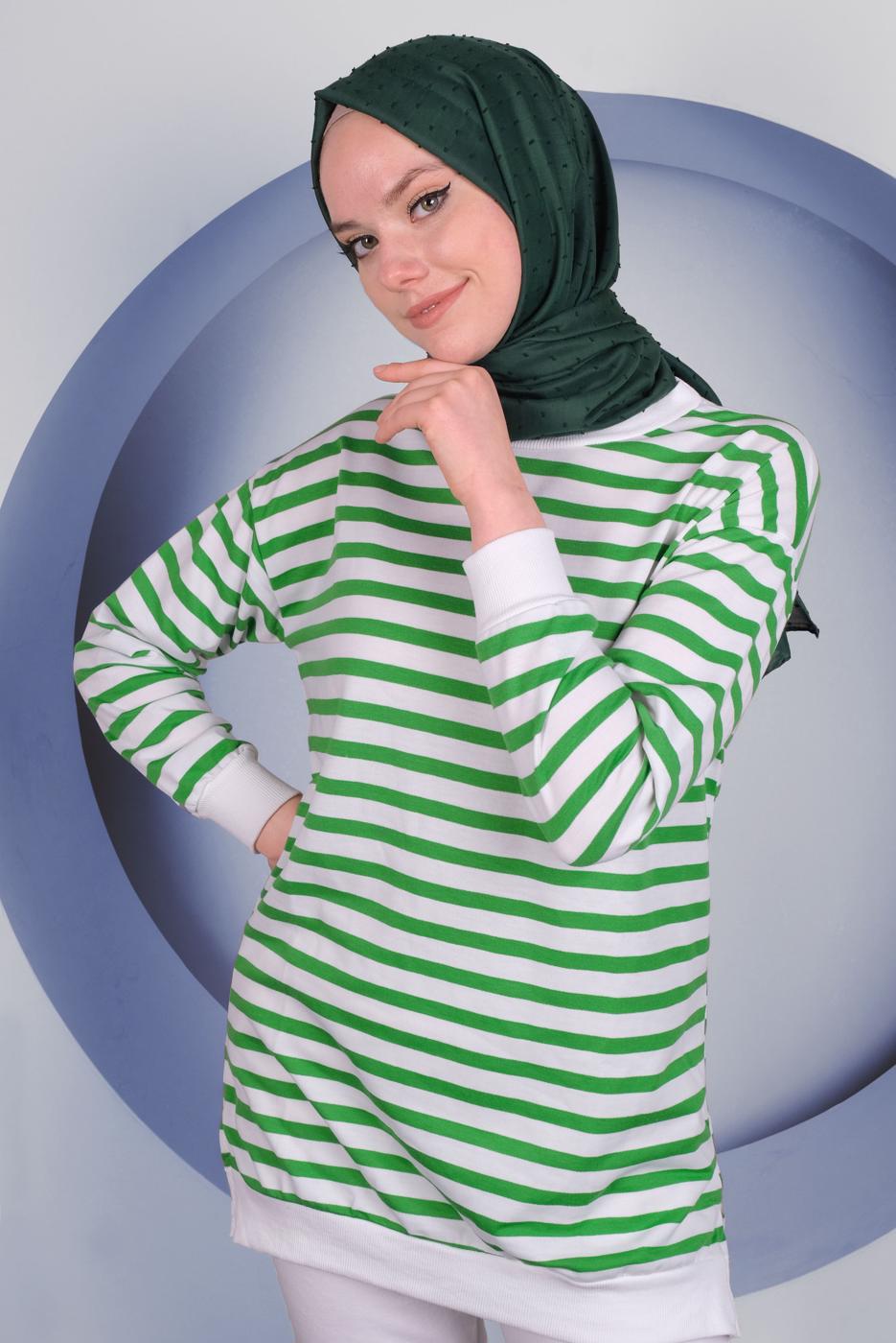 Tesettür giyim YEŞİL MANŞETLERİ LASTİKLİ ÇİZGİLİ TUNİK T 4030
