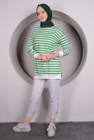 Tesettür giyim YEŞİL MANŞETLERİ LASTİKLİ ÇİZGİLİ TUNİK T 4030