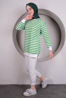 Tesettür giyim YEŞİL MANŞETLERİ LASTİKLİ ÇİZGİLİ TUNİK T 4030